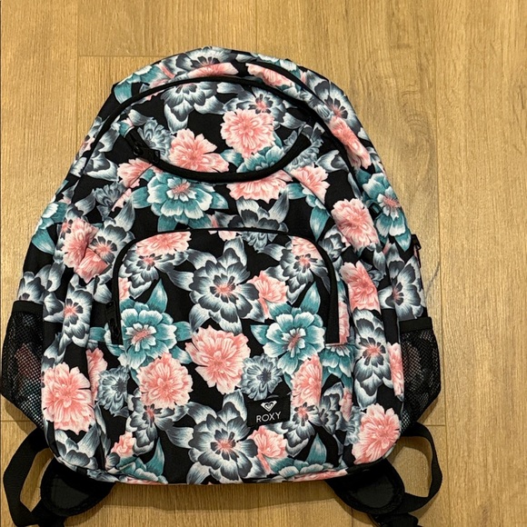 Roxy Floral Backpack in Black with Pink and Blue Accents - Picture 1 of 1